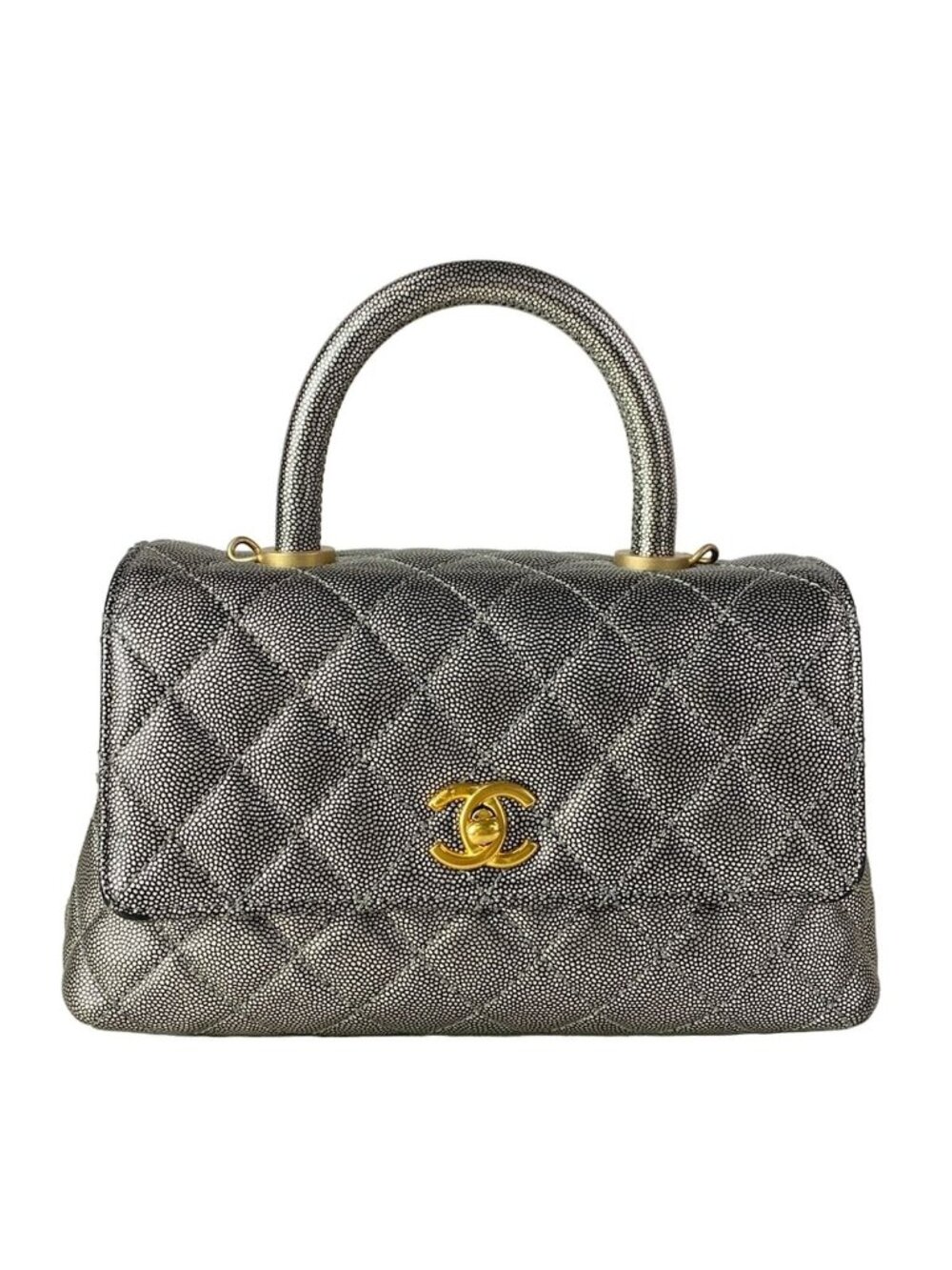 Chanel Handbag Top Handle Flap Bag Quilted Coco XS Silver Vintage Gold